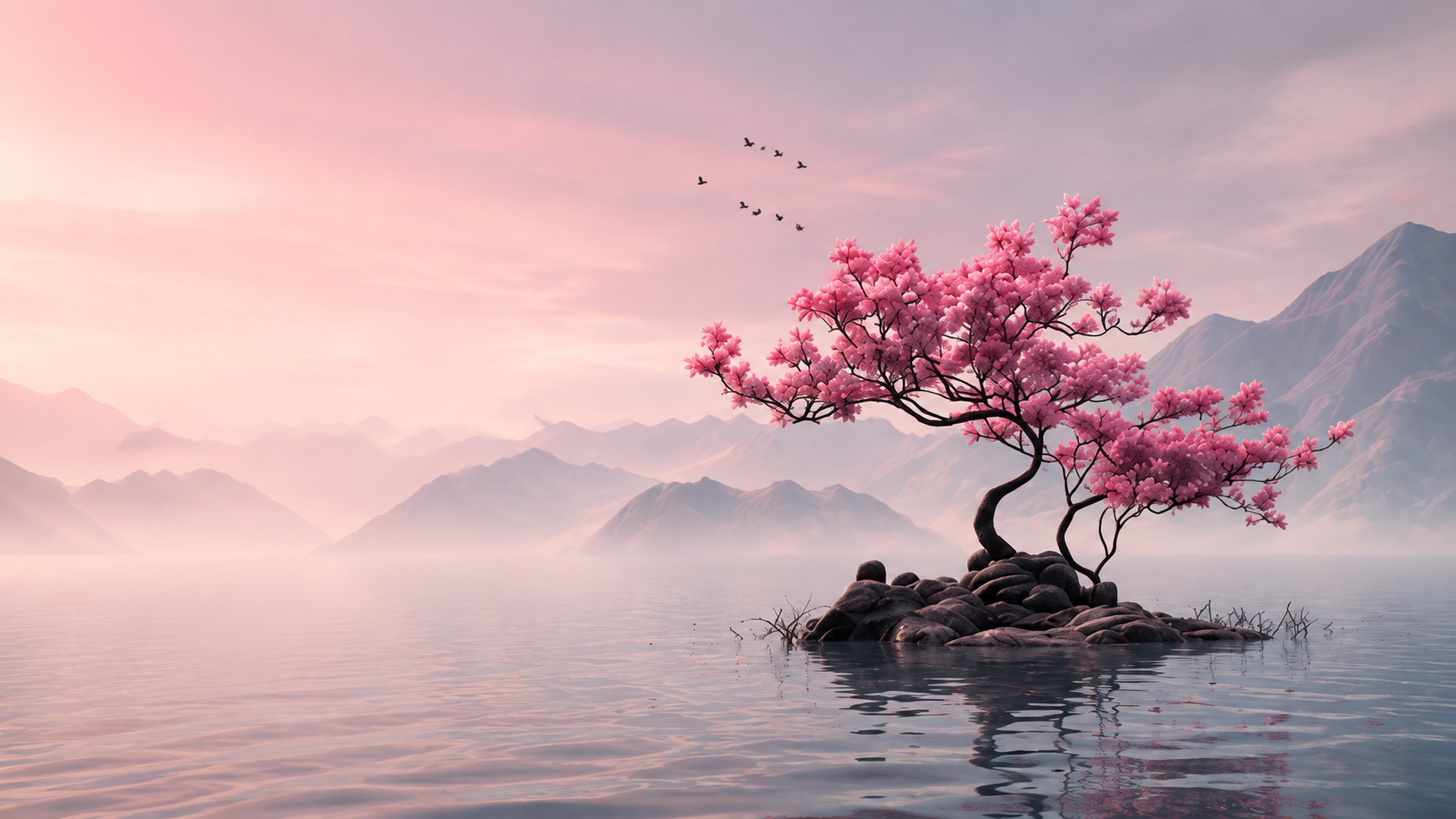 Cherry blossom tree over calm water with misty mountains
